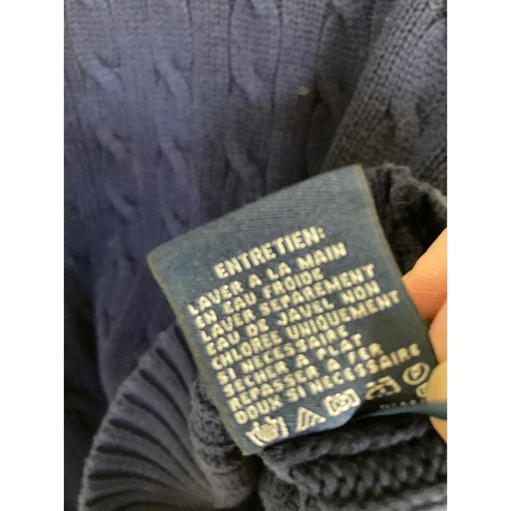 Ralph Lauren Sport Navy Blue Cable Knit V-Neck Cotton Sweater Pink Pony Large